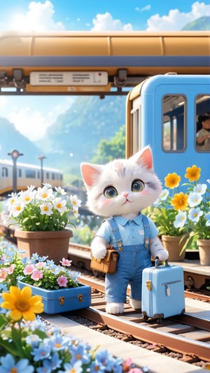 Flowers bloom, On the train station platform, a scene of blooming flowers, a train stopped in front of the station, a cute furry kitten with big eyes, wearing light blue and white T-shirt and suspender jeans, holding a suitcase and preparing to board the train, depth_of_field, flowers bloom bokeh background, movie scene style, realistic high quality.