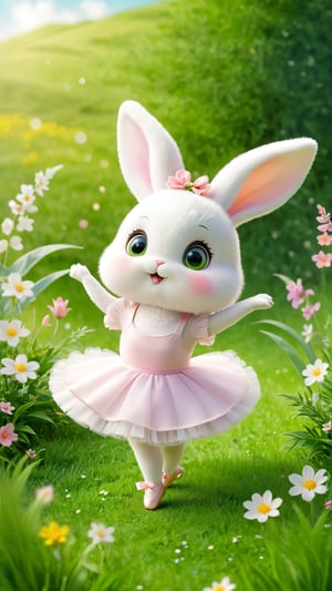 A cute and fluffy and adorable white rabbit big eyes wearing Ballet clothes and shoes, dancing gracefully on the grass land, Green grasses land, wild flowers bloom. so sweet and enjoy. A fluffy beautiful little rabbit ballerina, flowers blooming fantastic bokeh background.