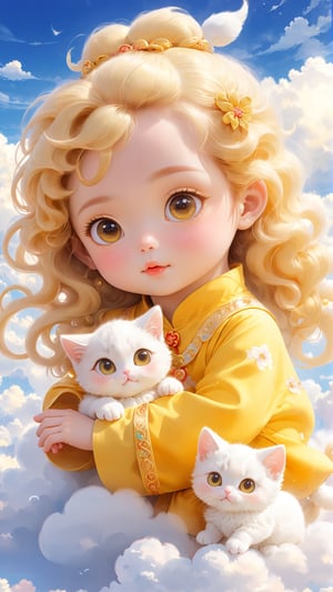 A cute little girl in yellow traditional Chinese is holding an adorable white kitten baby, sitting on the clouds with her face looking at you. The background of beautiful sky and clouds creates a dreamy atmosphere. She has big eyes, curly hair, rosy cheeks, orange , exquisite details, and high-definition wallpaper.