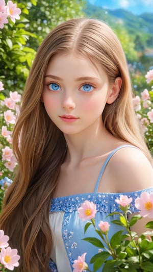 masterpiece, best quality, ultra-detailed, ultra high res, (photorealistic:1.4), raw photo, (realistic:0.2), 8k HDR, realistic lighting, 1girl, solo, looking at viewer, asymmetrical long hair, (detailed oily skin), blue eyes, (detailed face), (garden background :1.1), (upper body:1.2) pink and white flowers bloom bokeh background