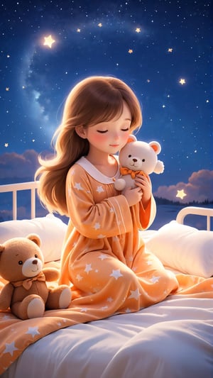 In a peaceful scene under the stars, a beautiful girl lies on a soft bed, wearing comfortable nightgown and sleepwear to help her relax after a long day. Covered by a light orange soft and fluffy quilt, it is comfortable and enjoyable. Pajamas and pajamas are made of soft and comfortable fabrics to provide maximum comfort, with a beloved teddy bear in your arms symbolizing warmth, security and childhood nostalgia. The background is set against the vast starry sky, creating a tranquil and dreamy atmosphere. Twinkling stars light up the night, evoking feelings of calm and tranquility.