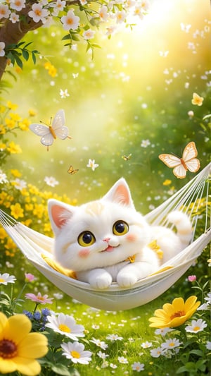Side view shot, garden scene, Flowers bloom, Spring style, A cute, furry, big-eyed adorable white and light yello little cat is lying on a portable hammock with a built-in mosquito net. It is enjoying the leisure time. It is smiling and happy. butterfly around the there, flowers bloom bokeh background.