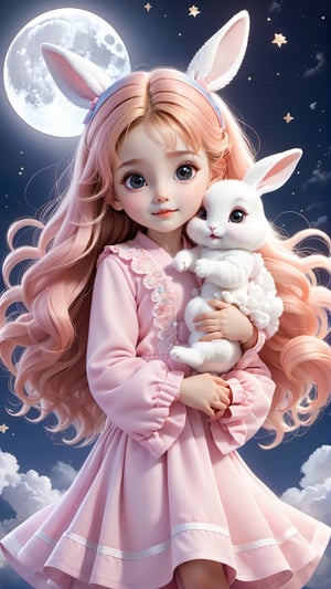 A cute little girl in pink traditional is holding an adorable white rabbit baby, sitting on the clouds with her face looking at you. The background of a full moon night and bright sky stars creates a dreamy atmosphere. She has big eyes, curly hair, rosy cheeks, orange , exquisite details, and high-definition wallpaper. 