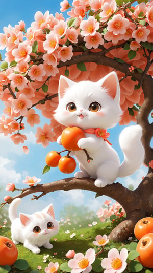 Side view, full body, Spring style, flowers bloom, realistic high quality Persimmon tree, flowers full the branch, petals falling, 1 lovely little fuzzy white fat fluffy kitten, big eyes, she is playful and cute, happy, ((best quality)), ((masterpiece)), ((best quality)), ((highres)), ((high quality)), ((ultra high quality)), ((ultra detailed)), Coral hair, spiralcurl, Coral eyes, ((😄:2.0)), Coral dress, standing near the flowers, ((baby face))