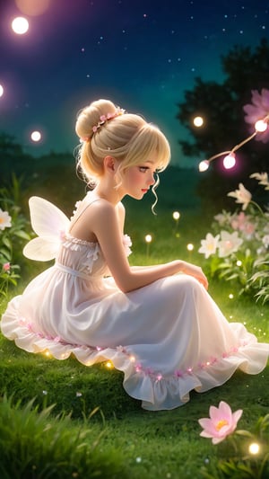 Side view shot, (masterpiece, top quality, best quality, official art, beautiful and aesthetic:1.2), (1girl:1.4), extreme detailed, a beautiful girl wearing white and light pink Ruffles long dress (siting on grass:1.4), in a soft glow of moonlight, blonde hair, hair tied up in a very messy bun, wearing a loose white nightgown. Firefly fairy lights and flowers bloom bokeh background.