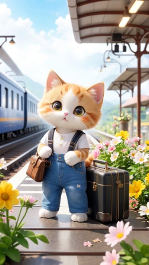 Flowers bloom, On the train station platform, a scene of blooming flowers, a train stopped in front of the station, a cute furry kitten with big eyes, wearing  white T-shirt and suspender jeans, holding a suitcase and preparing to board the train, depth_of_field, flowers bloom bokeh background, movie scene style, realistic high quality.