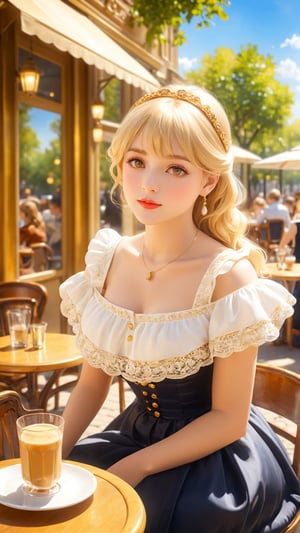 Elegantism, opulent scene, a beautiful girl sitting in a sunny European Cafe with tables outside golden summer light, Pierre Auguste Renoir style, Impressionism, stunning intricate details.t, 8k resolution. (masterpiece, top quality, best quality, official art, beautiful and aesthetic:1.2), (1girl:1.4), upper body, blonde hair, portrait, extreme detailed, super wide angle, high angle, high color contrast, medium shot, depth of field, blurry background, simple background, bokeh,