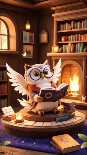 A wise claymation owl with glasses and a tiny book in its wings.
Scene: Inside an enchanted library, the owl reads to animated books and quills. Floating bookshelves, glowing letters, and a warm fireplace create a cozy, magical setting perfect for storytelling.
