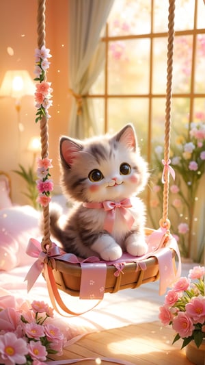 In the bedroom, there is a swing made of long ribbons. A cute, fluffy, beautiful and bright kitten is sitting in the ribbon swing, swinging happily and smiling happily. soft lighting, depth of field, flowers bloom bokeh background.