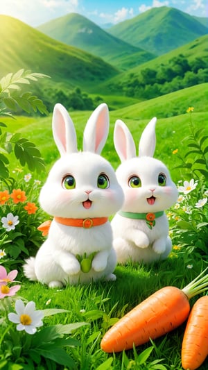 Two cute and fluffy and adorable white rabbits big eyes lying on the grass land,  eating carrots, Green grasses land, wild flowers bloom. so sweet and enjoy. carrots.
