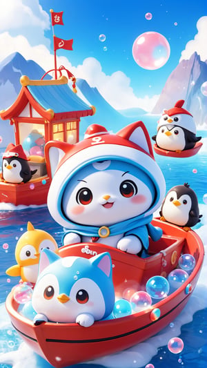 The mascots of "Red Cliff" include a cute kitten wearing a full mascot costume, a little penguin mascot wearing a "Hello" costume, a mascot sitting on a cute boat, and a cute hood on his head. Kitten wearing a penguin mascot costume. Naughty and happy smile, many small bubbles floating around, independent lights, 3D style,chibi