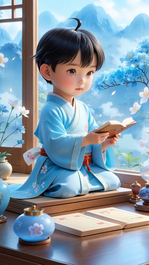 A five-year-old Chinese boy, one boy, wearing light blue Hanfu, very cute, perfect and beautiful face, He just to reading, There is an inkstone, ink, and papers on the desk. The flowers are blooming outside the window, beautiful and dreamy,  lamps lighting soft, vase, Pixar style.,dashataran
