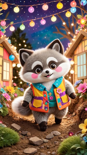 flowers bloom scene, A whimsical scene captures a delightful hybrid of a Raccoon, a Pomeranian, and a Mole. Dressed in a colorful, patchwork vest, it scurries through an underground burrow lit by fairy lights, its fluffy tail, nimble paws, and tiny eyes creating a playful and enchanting atmosphere. Sharpen photo, contrast photo, like a magazine cover, fashion, photo, runing, happy.