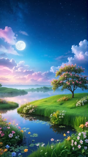 Night style, moonlight soft hazy and beautiful clouds, Flowers bloom morning, lake and grass land  , Wild flowers blooming fantastic amazing tale and beautiful flowers tree on the bank, landscape style realistic high quality, night sky clouds, depth of field, fairy tone paradise place in the image and amazing place for the best moment. Night scene.