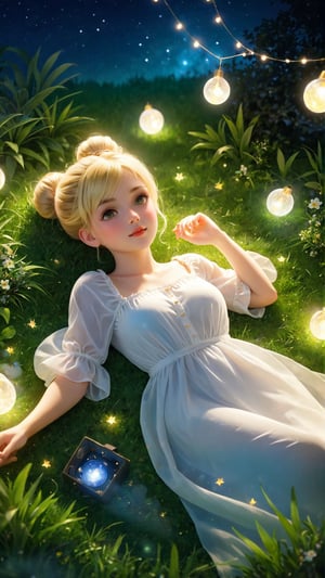 (masterpiece, top quality, best quality, official art, beautiful and aesthetic:1.2), (1girl:1.4), extreme detailed, a beautiful girl (lying down on grass:1.4), in a soft glow of moonlight, blonde hair, hair tied up in a very messy bun, wearing a loose white nightgown. Firefly fairy lights garden background.