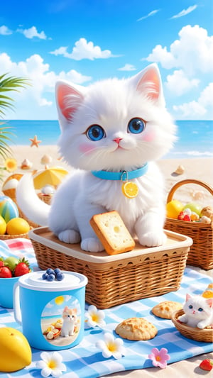 Blue sky white clouds, flowers blooming, fantastic amazing tale, a cute little fuzzy white fluffy kitten in the beach picnic and drink,  on the beach having breads, cookies, fruits and chips, toys and Shells.