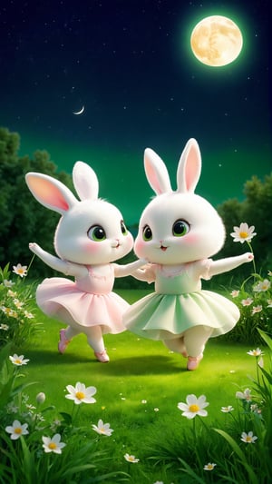 Two cute and fluffy and adorable white rabbits big eyes wearing Ballet clothes and shoes, dancing gracefully on the grass land, Moon night, Green grasses land, wild flowers bloom. so sweet and enjoy. Two fluffy beautiful little rabbits ballerinnas 