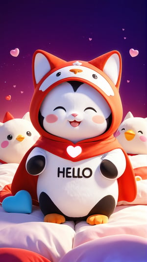 The mascots of "Red Cliff" include a cute kitten wearing a full mascot costume, a little penguin mascot costume with "Hello" written on it, a cute hood on his head, and his whole body covered in mascot costumes. Naughty and happy smile, sleeping on cozy fluffy bed, little hearts floating around, isolated lighting, 3d style, Xxmix_Catecat, cat