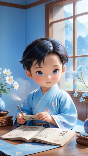 A five-year-old Chinese boy, one boy, wearing light blue Hanfu, very cute, perfect and beautiful face, He just to reading, There is an inkstone, ink, and papers on the desk. The flowers are blooming outside the window, beautiful and dreamy, Pixar style.