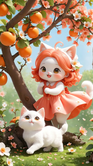 Side view, full body, Spring style, flowers bloom, realistic high quality Persimmon tree, flowers full the branch, petals falling, 1 lovely little fuzzy white fat fluffy kitten, big eyes, she is playful and cute, happy, ((best quality)), ((masterpiece)), ((best quality)), ((highres)), ((high quality)), ((ultra high quality)), ((ultra detailed)), Coral hair, spiralcurl, Coral eyes, ((😄:2.0)), Coral dress, standing near the flowers, ((baby face))