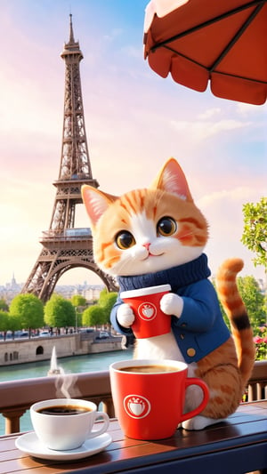 A cute cat is traveling at the Eiffel Tower in Paris, sipping on a cup of coffee. The picture is adorable, lively, and the expression is exaggerated