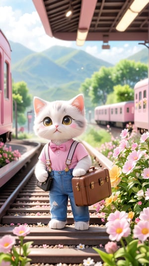 Flowers bloom, Train station, a scene of blooming flowers, a train stopped in front of the station, a cute furry kitten with big eyes, wearing pink and white T-shirt and suspender jeans, holding a suitcase and preparing to board the train, depth_of_field, flowers bloom bokeh background, movie scene style, realistic high quality.