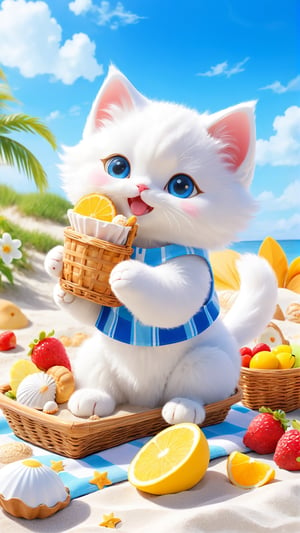 Blue sky white clouds, flowers blooming, fantastic amazing tale, a cute little fuzzy white fluffy kitten in the beach picnic and drink,  on the beach having breads, cookies, fruits and chips, toys on the sand, Shells.