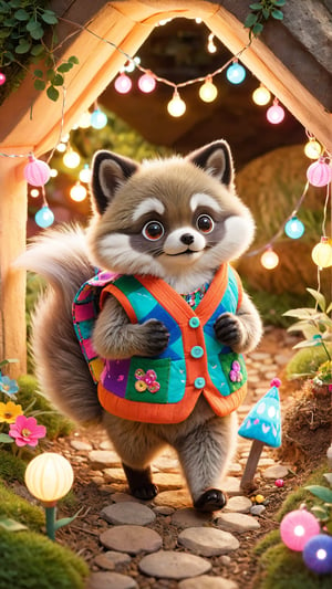 flowers bloom scene, A whimsical scene captures a delightful hybrid of a Raccoon, a Pomeranian, and a Mole. Dressed in a colorful, patchwork vest, it scurries through an underground burrow lit by fairy lights, its fluffy tail, nimble paws, and tiny eyes creating a playful and enchanting atmosphere. Sharpen photo, contrast photo, like a magazine cover, fashion, photo, walking, enjoy.