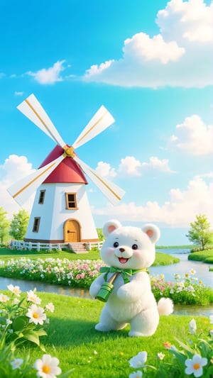 Blue sky and white clouds, green grass, a windmill stands on the grass, the breeze blows, the windmill rotates, flowers bloom, a cute white furry little white bear smiles and stands on the grass picking flowers, with blooming flowers bokeh and windmill as the background