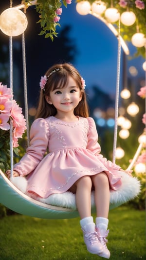 https://s.mj.run/ScKtPHY5ybo Side view shot, full body, Night style, moon, at garden flowers blooming fantastic amazing place, a cute little girl clear details and charming eyes wearing pink long sleeve dress, lying on the fluffy sofa swing, looking forward city lighting, smiling happily and enjoy the best moment, depth of field, flowers blooming fantastic romantic bokeh background ,portraitart,xxmix_girl,Anime 