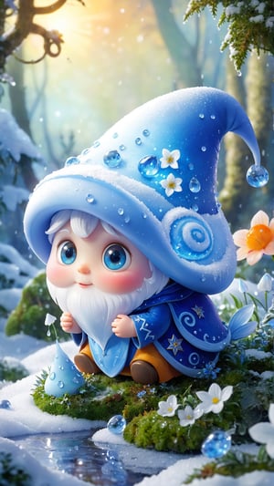 A wizard and his familiar, which is a magical ice snail with white skin and glowing blue crystalline shell, fantasy, snow, ice, flowers bloom and lights soft, digital art, a diminutive gently crying little wizard with curled pointy hat with tears as big as dew drops sitting in the rain on a leaf covered by moss, snowy forest background, tiny flowers, sparkling with frosty snow dew and snow drops, red orange and yellow colors through dappled sunlight,perfecteyes eyes