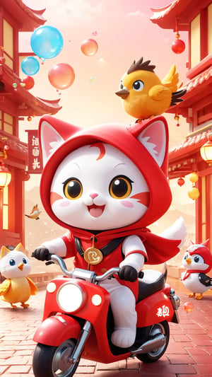 The mascots of "Red Cliff" include a cute kitten wearing a full mascot costume, a mascot wearing a "Hello" bird mascot costume, and a mascot riding a motorcycle with a cute hood on its head. Little kitten wearing bird mascot costume. Naughty and happy smile, many small bubbles floating around, independent lights, 3D style,
