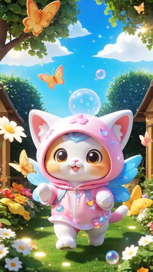 "Chibi" mascots include a cute kitten in a full mascot costume, a mascot in a "Hello" little angel mascot costume, and a mascot catching butterflies in the garden with a cute hood on his head. Kitten wearing winged cherub mascot costume. Naughty and happy smile with many small bubbles floating around, independent lighting, 3D style,
