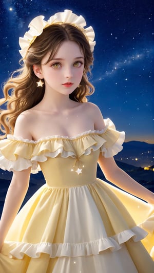 Masterpiece, best, 1 girl, solo, ((extremely exquisite and beautiful)), beautiful light yellow and white long dress with ruffles, Do not sexy, normal dress, Italian girl, 18 years old, milky white skin, beautiful and delicate eyes, night, beautiful starry sky,