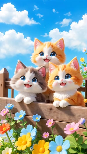 Spring flowers blooming style, The wooden fence is covered with colorful flowers. three cute and adorable little fuzzy kittens stand on the fence and smile happily. small mouth, small body, The flowers are in bloom, the blue sky and white clouds make the beautiful picture look like heaven. flowers bloom bokeh background.,Movie Still