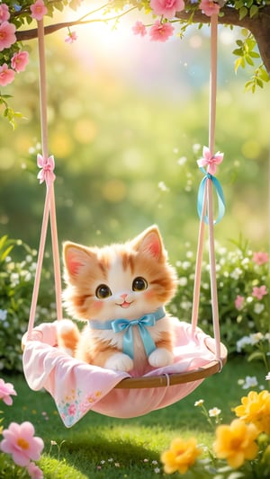  In the garden, there is a soft cloth swing tied with a long ribbon. A cute, fluffy, beautiful and bright kitten is sitting in the soft ribbon swing, swinging happily and smiling happily. soft lighting, depth of field, flowers bloom bokeh background.