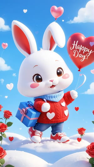 A warm and vibrant 3D rendering of a chibi cute furry white rabbit wearing a red sweater and matching blue sneakers. He held a bouquet of roses and a heart-shaped balloon with ((( "Happy Mother's Day" )))written in elegant fonts. The little hearts surrounding it add to the sweetness of the scene. The snowy background, warm colors, and cozy atmosphere create a feeling of happiness and love. Meticulous attention to detail and attention to typography make it a captivating poster or photo, perfect for brightening any space.