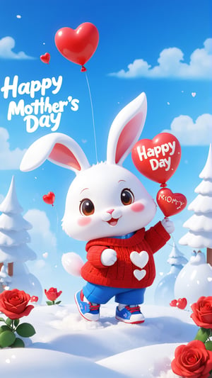 A warm and vibrant 3D rendering of a chibi cute furry white rabbit wearing a red sweater and matching blue sneakers. He held a bouquet of roses and a heart-shaped balloon with ((( "Happy Mother's Day" )))written in elegant fonts. The little hearts surrounding it add to the sweetness of the scene. The snowy background, warm colors, and cozy atmosphere create a feeling of happiness and love. Meticulous attention to detail and attention to typography make it a captivating poster or photo, perfect for brightening any space.