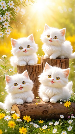Three cute and fluffy white and yellow fat fluffy kittens smile and happy, flowers bloom on the wooden tree and wild flowers blooming.light bokeh background, depth of field.