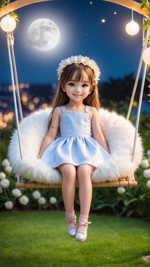 https://s.mj.run/ScKtPHY5ybo Side view shot, full body, Night style, moon, at garden flowers blooming fantastic amazing place, a cute little girl clear details and charming eyes lying on the fluffy sofa swing, looking forward city lighting, smiling happily and enjoy the best moment, depth of field, flowers blooming fantastic romantic bokeh background ,portraitart,xxmix_girl,Anime 