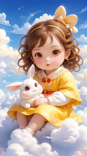 A cute little girl in yellow traditional Chinese is holding an adorable white rabbit baby, sitting on the clouds with her face looking at you. The background of beautiful sky and clouds creates a dreamy atmosphere. She has big eyes, curly hair, rosy cheeks, orange , exquisite details, and high-definition wallpaper.
