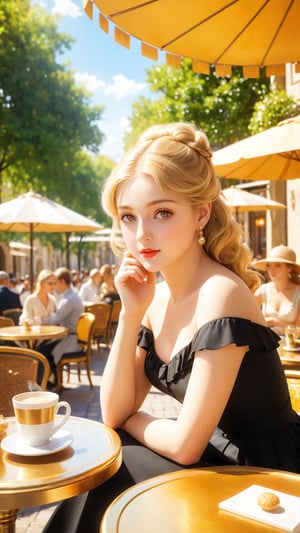 Elegantism, opulent scene, a beautiful girl sitting in a sunny European Cafe with tables outside golden summer light, Pierre Auguste Renoir style, Impressionism, stunning intricate details.t, 8k resolution. (masterpiece, top quality, best quality, official art, beautiful and aesthetic:1.2), (1girl:1.4), upper body, blonde hair, portrait, extreme detailed, super wide angle, high angle, high color contrast, medium shot, depth of field, blurry background, simple background, bokeh,