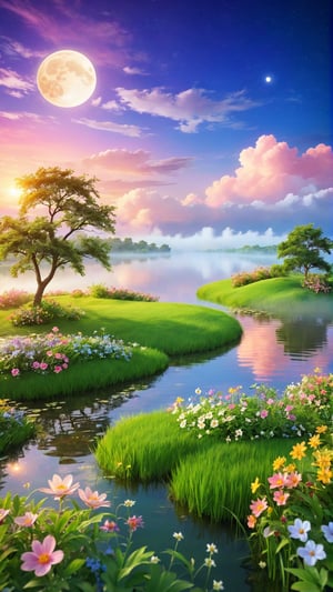 Night style, moon light and beautiful clouds, Flowers bloom morning, lake and grass land  , Wild flowers blooming fantastic amazing tale and beautiful flowers tree on the bank, landscape style realistic high quality, sunrise style, beautiful clouds, depth of field, fairy tone paradise place in the image and amazing place for the best moment.