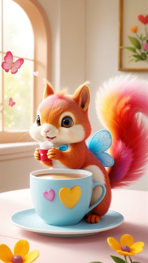A charming illustration of a small rainbow-colored squirrel from India, known as the Indian Rainbow Squirrel Baby, with an empty coffee cup and a heart in delicate porcelain tea cup. Its soft fur and large curious eyes embody the innocence and wonder of this creature. The heart-shaped furry tail peeks out from the cup, adding a touch of playfulness. The scene is decorated with charming details such as delicate tablecloths, vibrant flowers and elegantly fluttering butterflies, creating an enchanting atmosphere. Warm, soft lighting surrounds the viewer in an inviting atmosphere, transporting them into a delightful world of wonder and magic.
