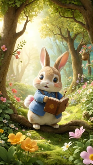 Step into a storybook world where a lovable rabbit plays among the trees and flowers, in a scene that could have been illustrated by Beatrix Potter herself., cinematic, illustration