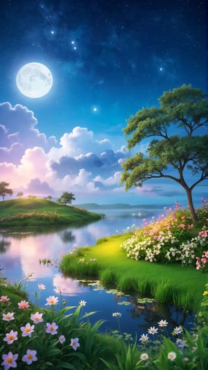 Night style, moonlight soft hazy and beautiful clouds, Flowers bloom morning, lake and grass land  , Wild flowers blooming fantastic amazing tale and beautiful flowers tree on the bank, landscape style realistic high quality, night sky clouds, depth of field, fairy tone paradise place in the image and amazing place for the best moment. Night scene.