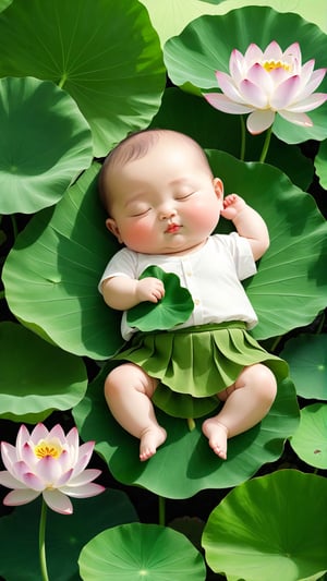 A little chubby adprab;e little baby sleeping on a lotus leaf. This full body portrait depicts the baby wearing a white shirt and green skirt, with large leaves in front of her and lotus flowers behind his head. The background is simple, The skin texture is rendered super realistically and the expression appears natural, with high definition details throughout the ultrahigh resolution image. Lotus Pond water , flowers bloom background