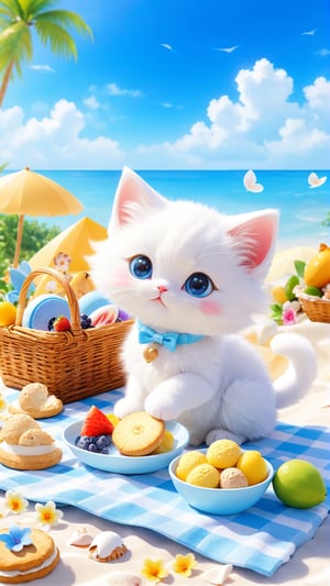 Blue sky white clouds, flowers blooming, fantastic amazing tale, a cute little fuzzy white fluffy kitten in the beach picnic and drink,  on the beach having breads, cookies, fruits and chips, toys and Shells.