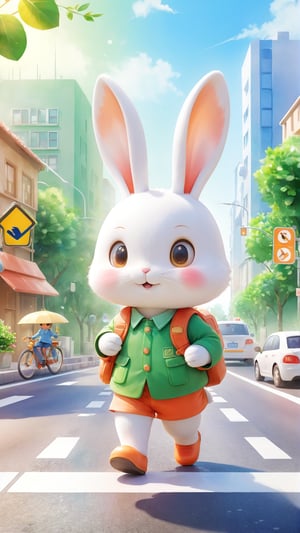 Chibi mascot includes the best quality, Beautiful soft light, the little rabbit has become much sensible. It began to take the initiative to abide by traffic rules, stop waiting for green lights, polite pedestrians, and protect the safety of themselves and others,Watercolor children's illustration style,high detail, ultra clear 8k,c4d,