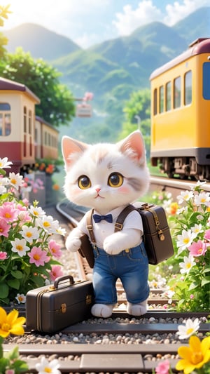 Flowers bloom, Train station, a scene of blooming flowers, a train stopped in front of the station, a cute furry kitten with big eyes, wearing a white T-shirt and suspender jeans, holding a suitcase and preparing to board the train, depth_of_field, flowers bloom bokeh background, movie scene style, realistic high quality.